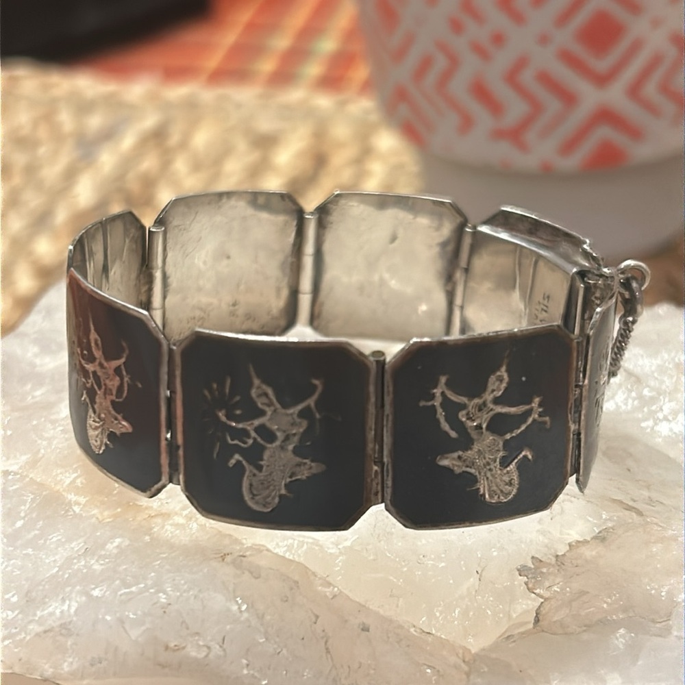 Niello Siam Vintage Sterling Silver and Black Hindu Goddess Dancers Bracelet
